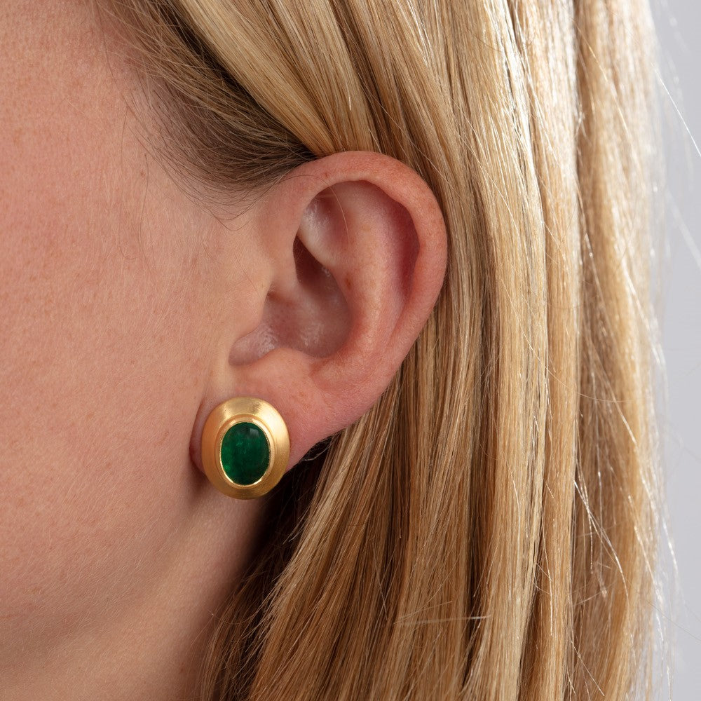 Gold & Emerald Cabochon Stud Earrings