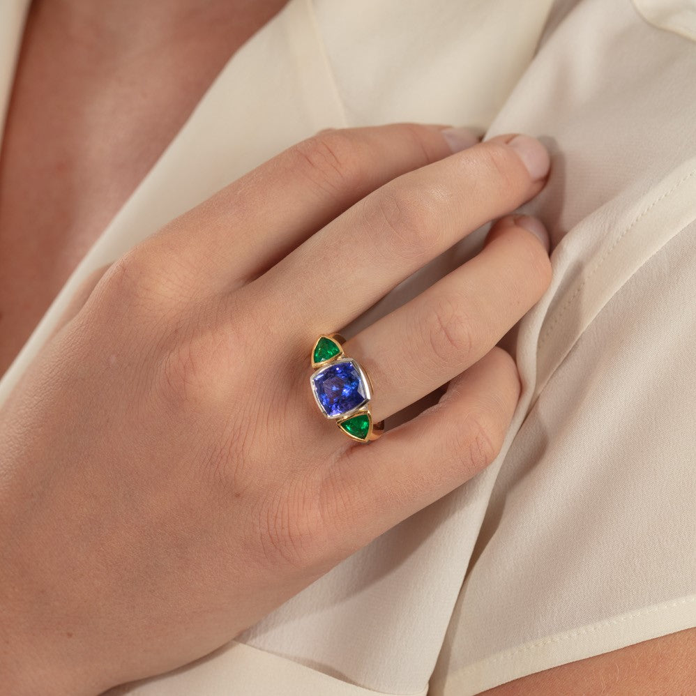 Tanzanite and Emerald Trillion Ring