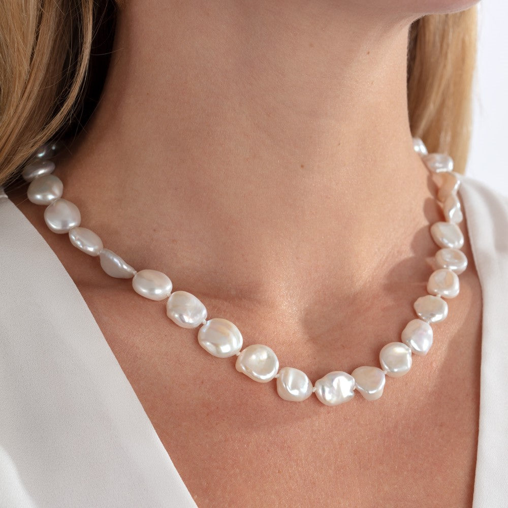 Model pictured wearing keshi pearl necklace