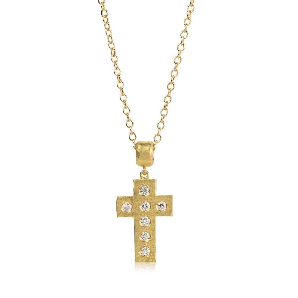 Hammered yellow gold cross pendant set with round diamonds