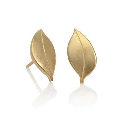 18 carat yellow gold micro-plated leaf stud earrings on a white background.