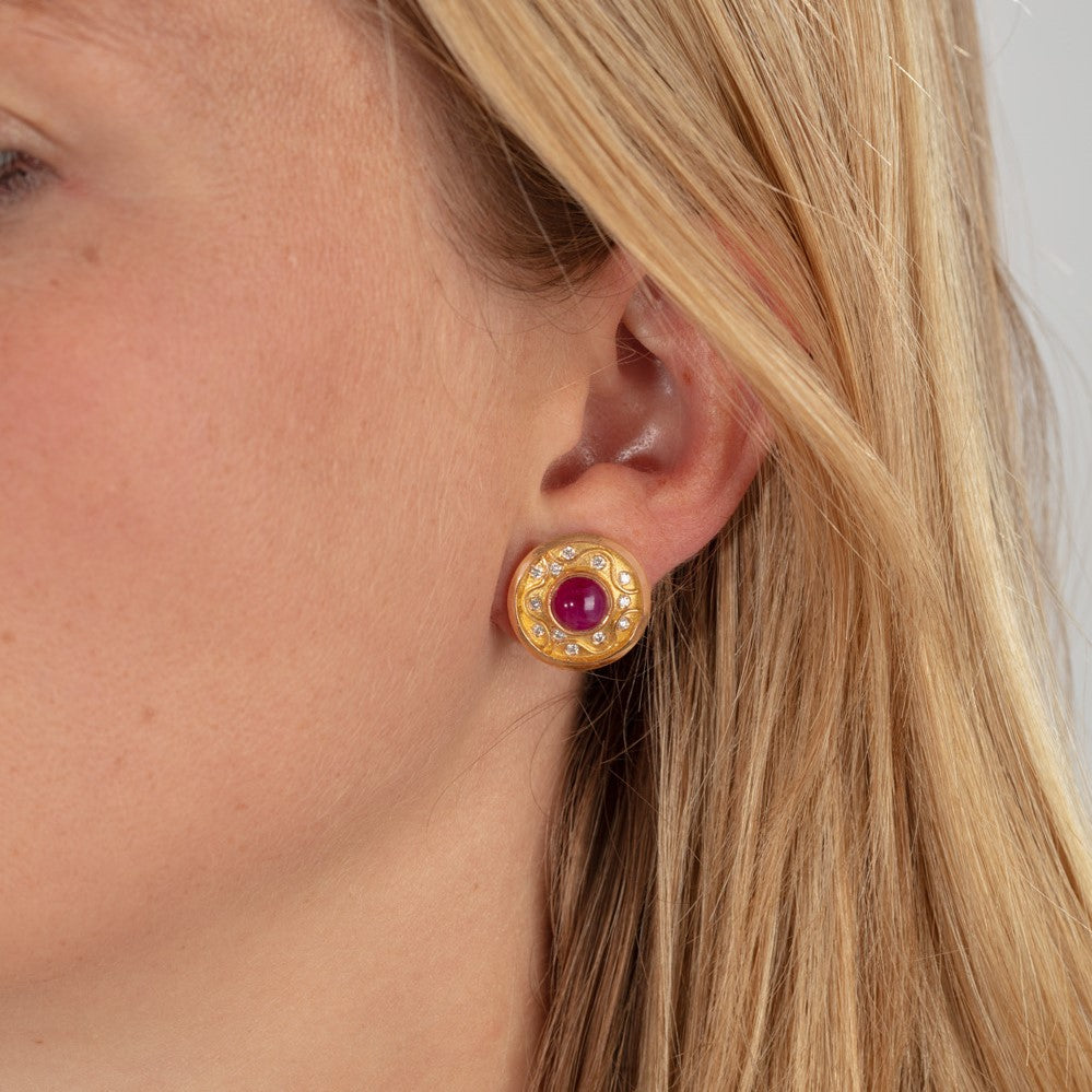 Ruby Cabochon and Diamond Zigzag Studs
