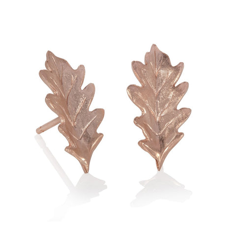 Silver oak leaf stud earrings micro-plated in red gold