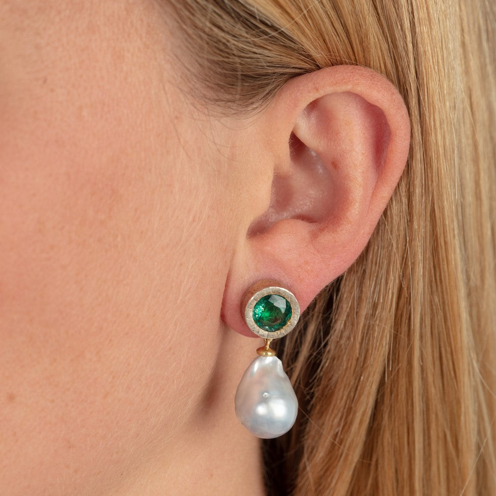 Apatite and Baroque Pearl Earrings
