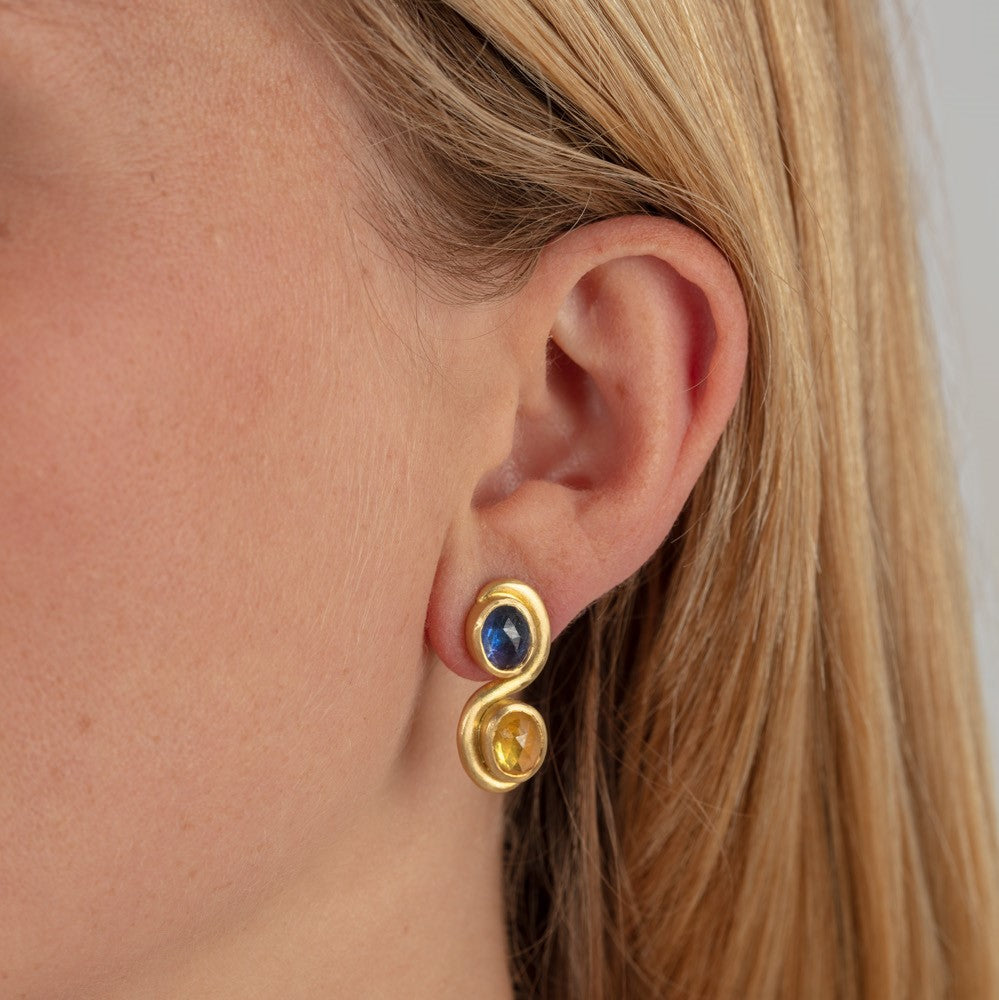 Blue and Yellow Sapphire Swirl Earrings