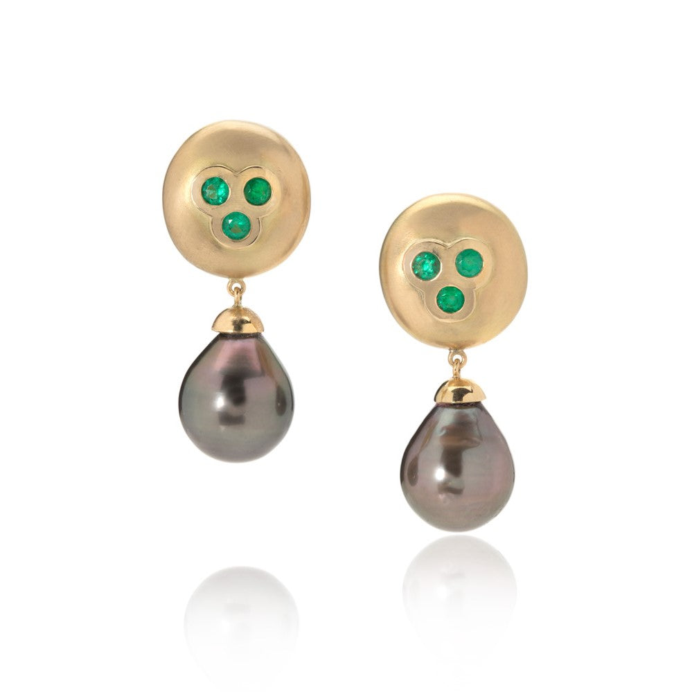 Emerald Trefoil and Black Tahitian Pearl Drop Earrings