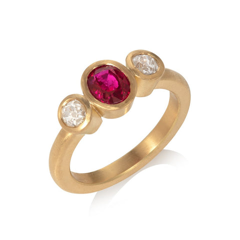 Three Stone Ruby & Diamond Gold Ring