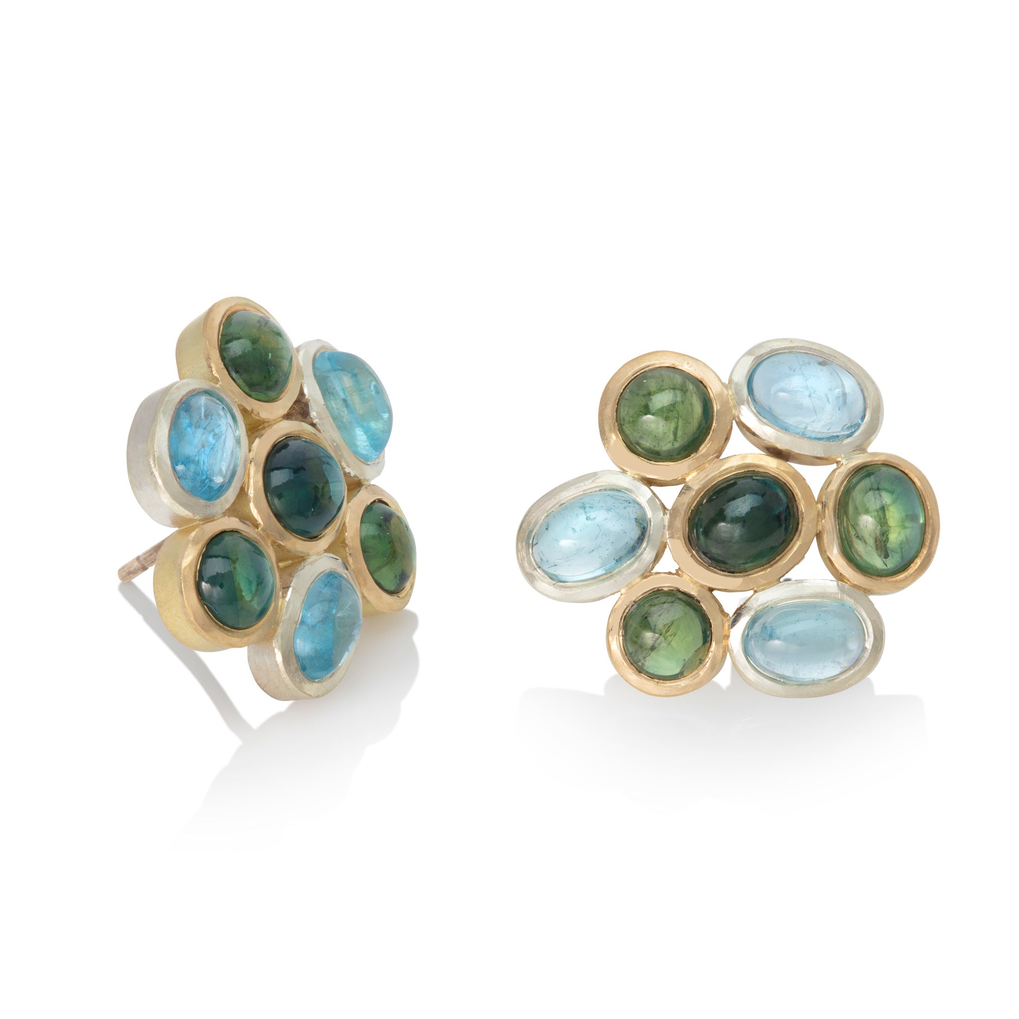 Sapphire and aquamarine cluster earrings pictured on a white background