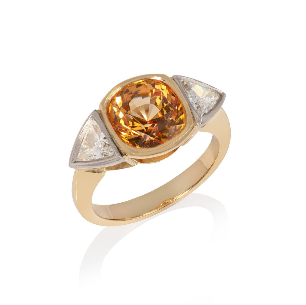 Yellow Sapphire & Diamond Three Stone Ring on white background