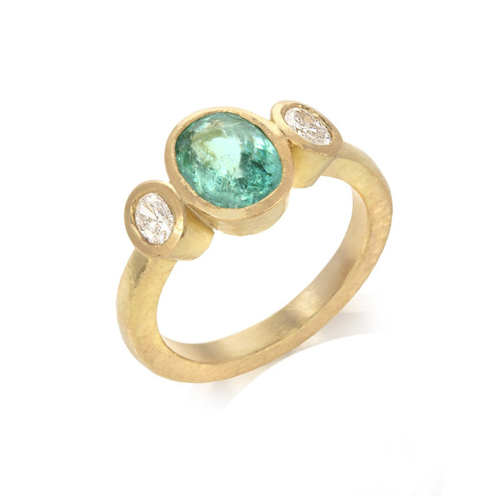 Paraiba Tourmaline and Diamond Three-Stone Ring