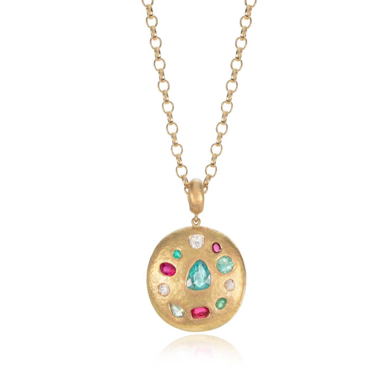 Paraiba Tourmaline, Diamond, and Ruby Beaten Pendant