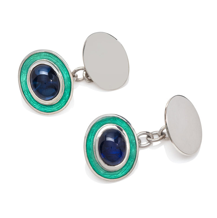 Turquoise enamel and Synthetic Sapphire Silver Cufflinks