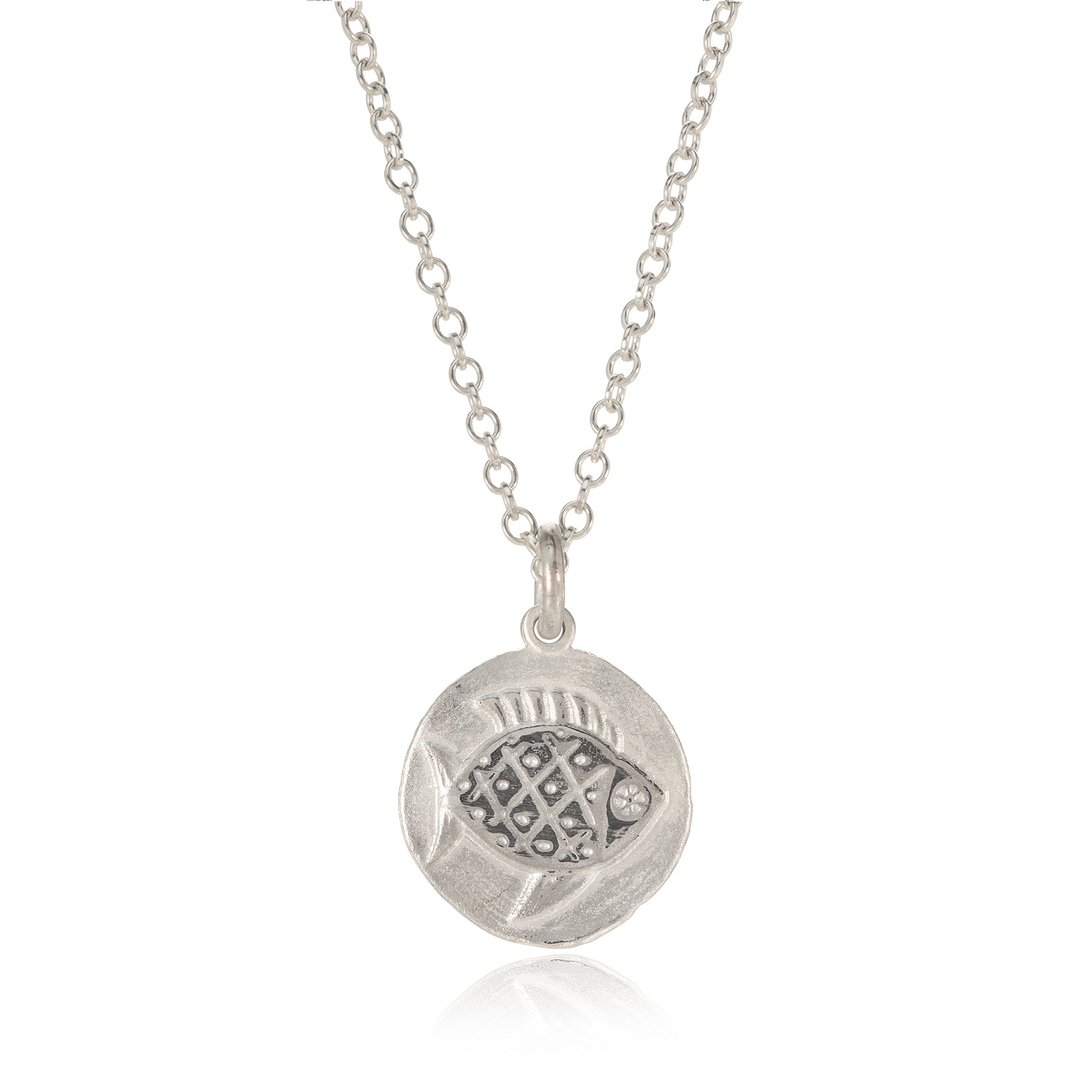 Silver pisces pendant pictured on white background