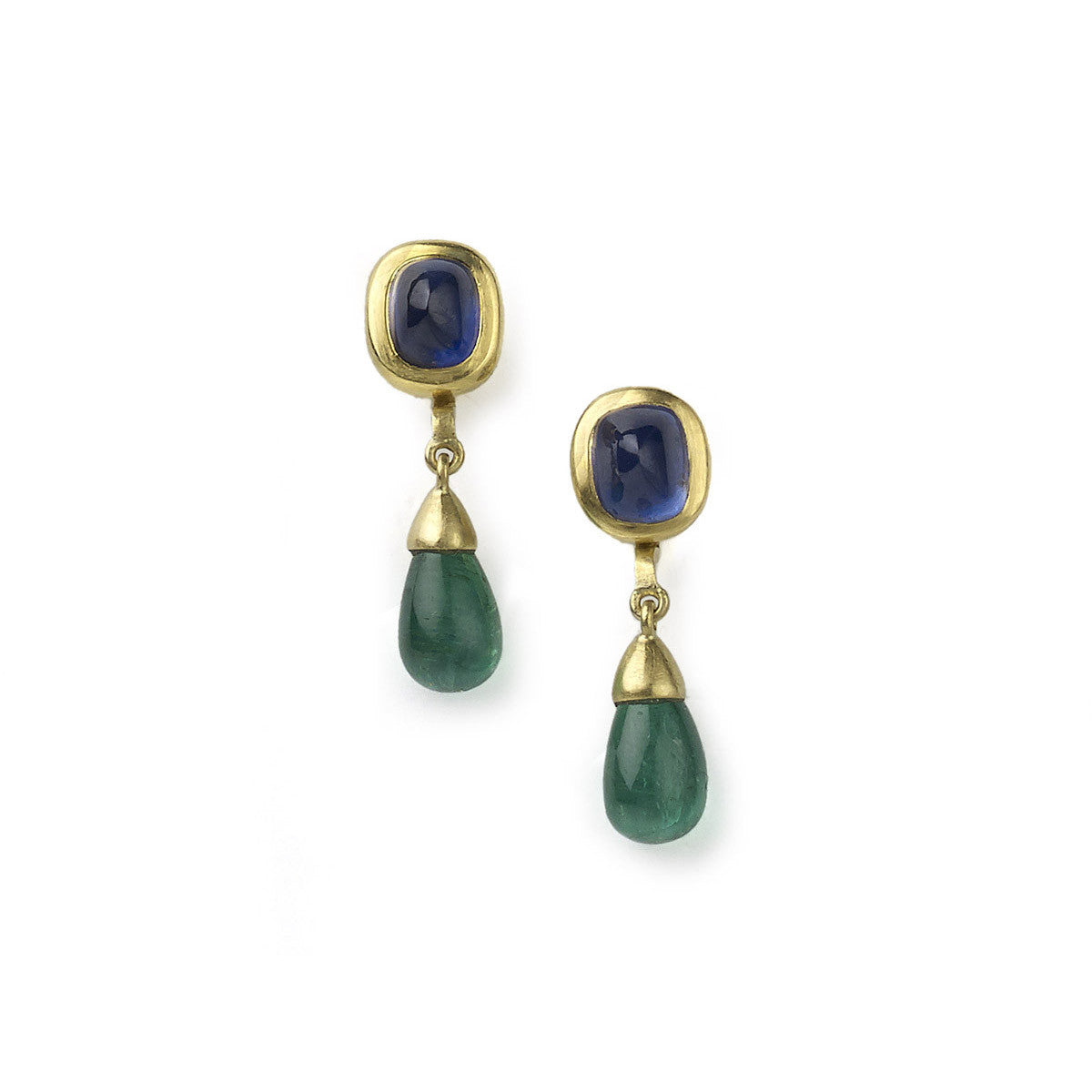 Sapphire cabochon studs, with detachable emerald cabochon drops