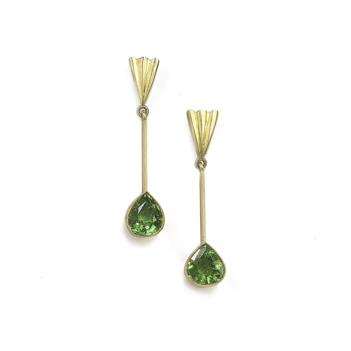 Yellow gold elongated long drop earrings with pear shaped Tsavorite