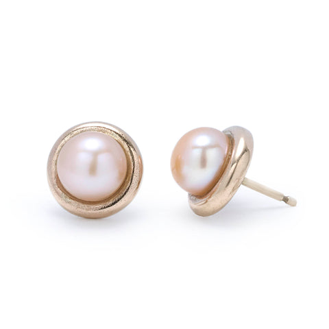 Round 'button' pearl stud earrings, set in 9ct red gold