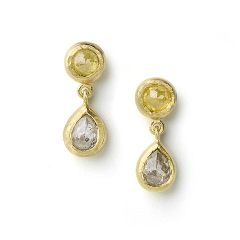 Yellow gold drop earrings made up of round rose cut yellow diamonds above pear shaped grey rose cut diamonds
