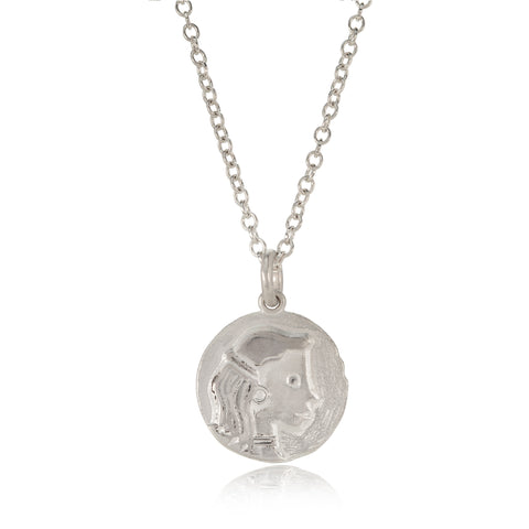 Silver virgo pendant pictured on white background