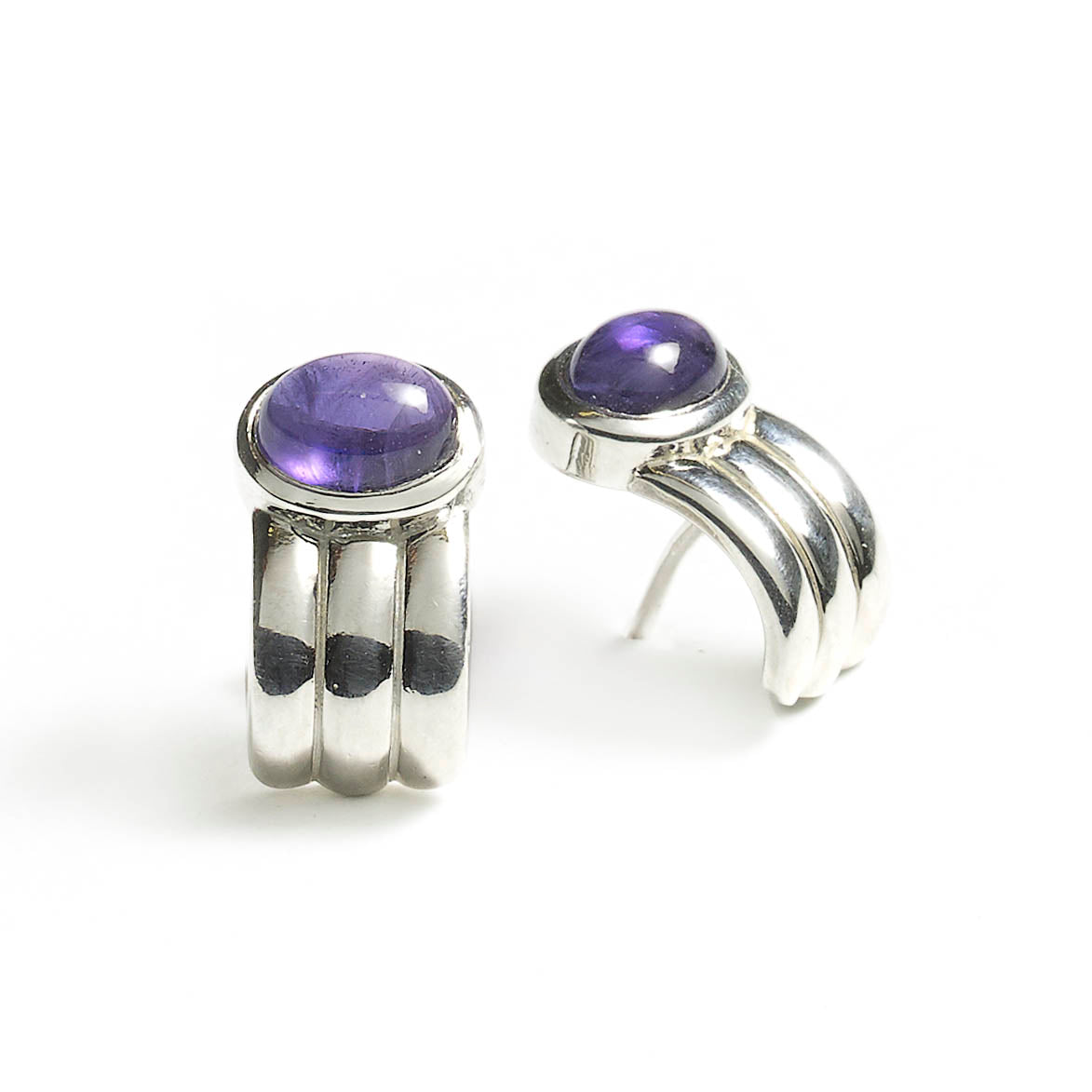 Silver & Amethyst Half Hoop Earrings