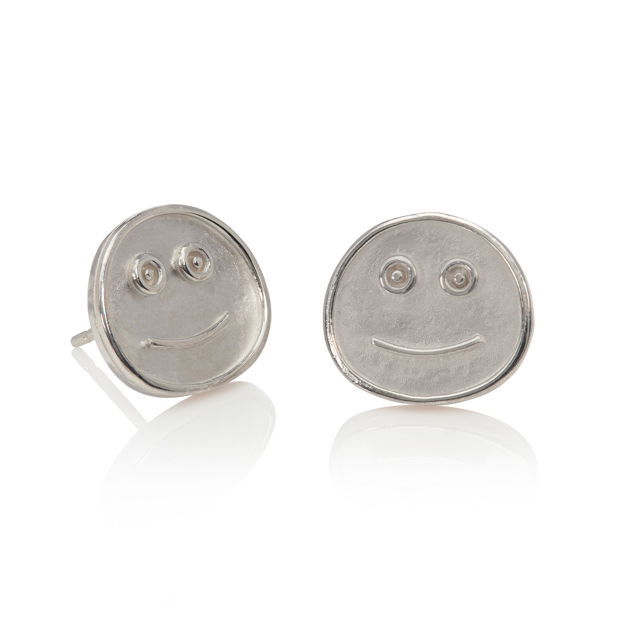 Silver smiley stud earrings pictured on a white background
