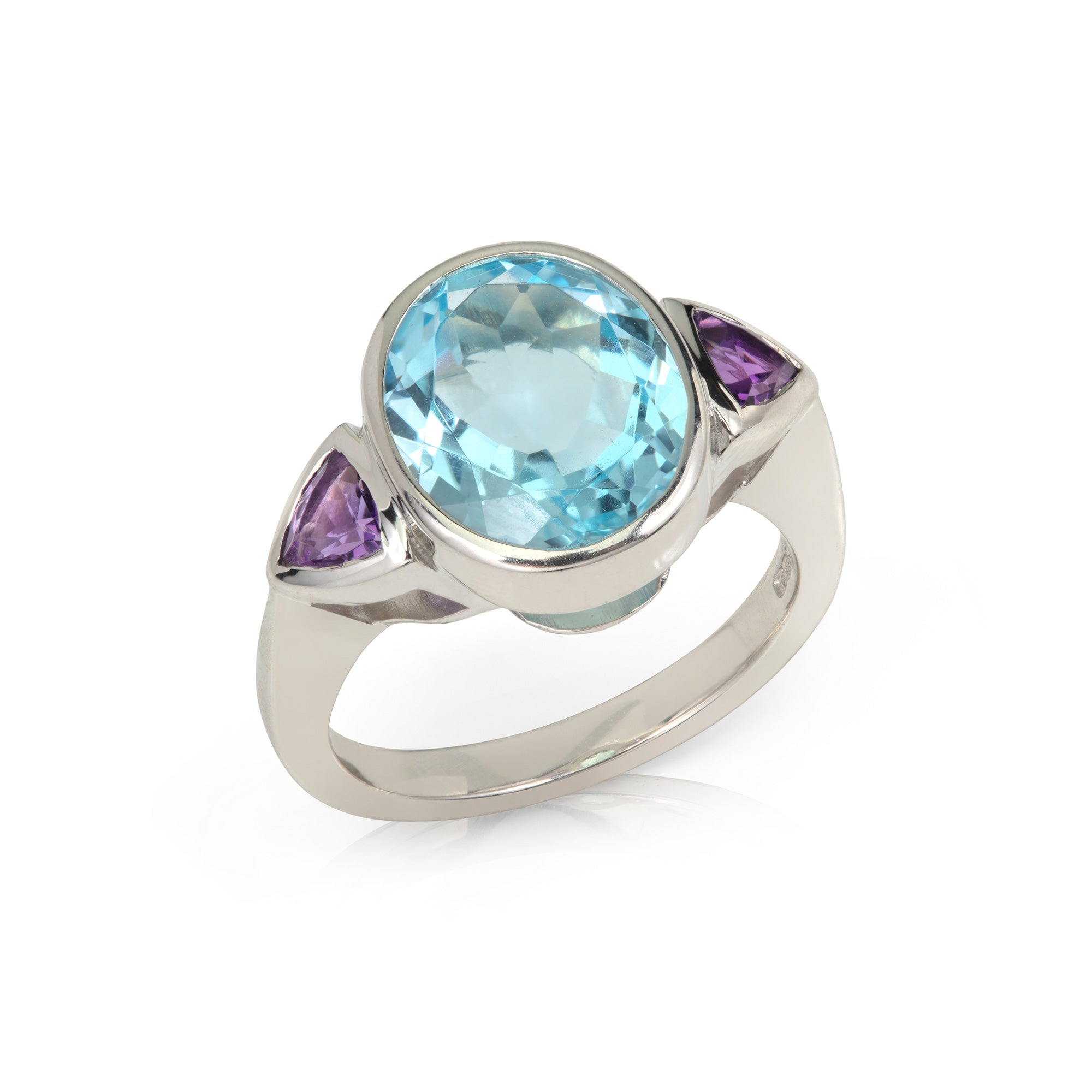Blue Topaz and Amethyst Three Stone Ring