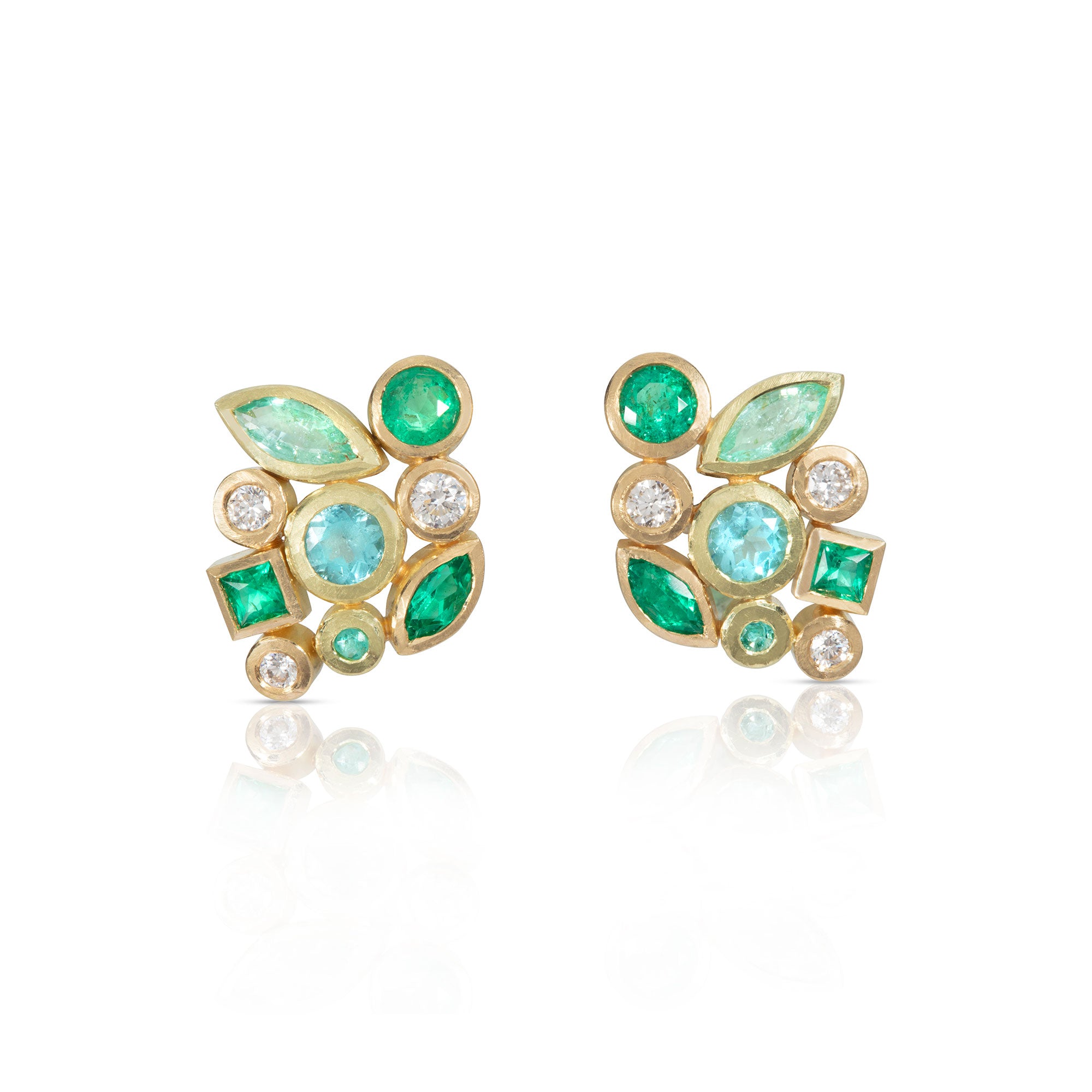 Paraiba Tourmaline, Emerald and Diamond Cluster Earrings