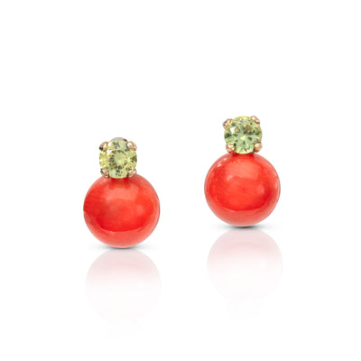 Coral and Peridot Stud Earrings