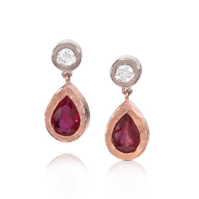 Diamond and Ruby Drop Earrings in Red and White Gold