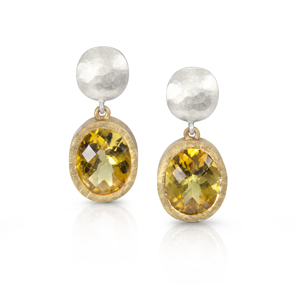 Yellow Tourmaline Drop Earrings with White Gold Beaten Tops