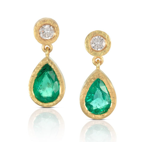 Diamond and Pear Shaped Emerald Drop Earrings