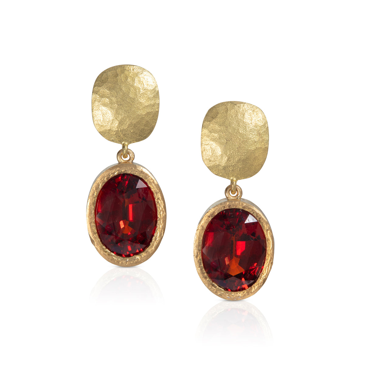 Beaten Top Garnet Drop Earrings