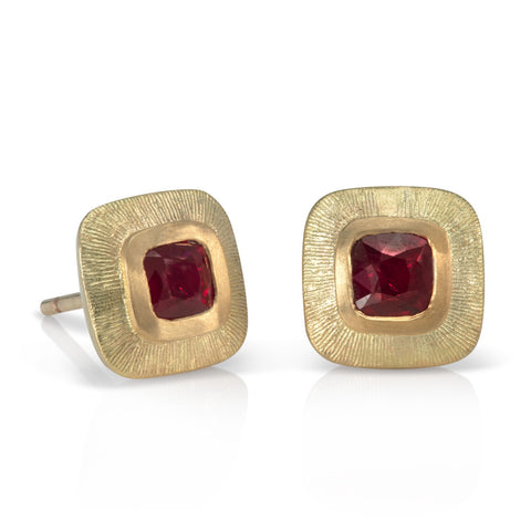 Engraved Edge Ruby Square Studs