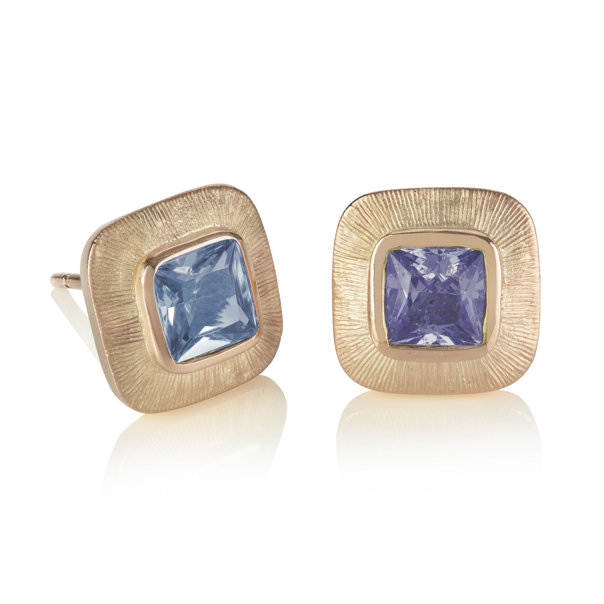 9ct Yellow Gold Engraved Edge Square Stud Earrings with Blue Sapphires