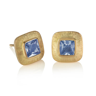 Engraved Edge Square Stud Earrings with Blue Sapphires