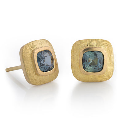 Engraved Edge Square Stud Earrings with Teal Blue Sapphires