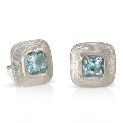Engraved Edge Aquamarine Square Stud Earrings in White Gold