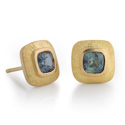 Engraved Edge Square Stud Earrings with Teal Blue Sapphires