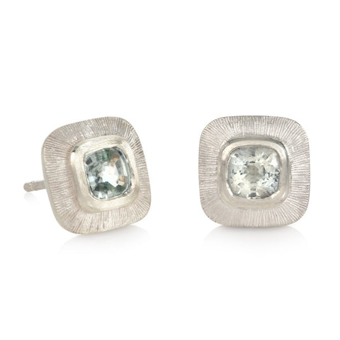 Engraved Edge Square Studs with Ice Blue Sapphires