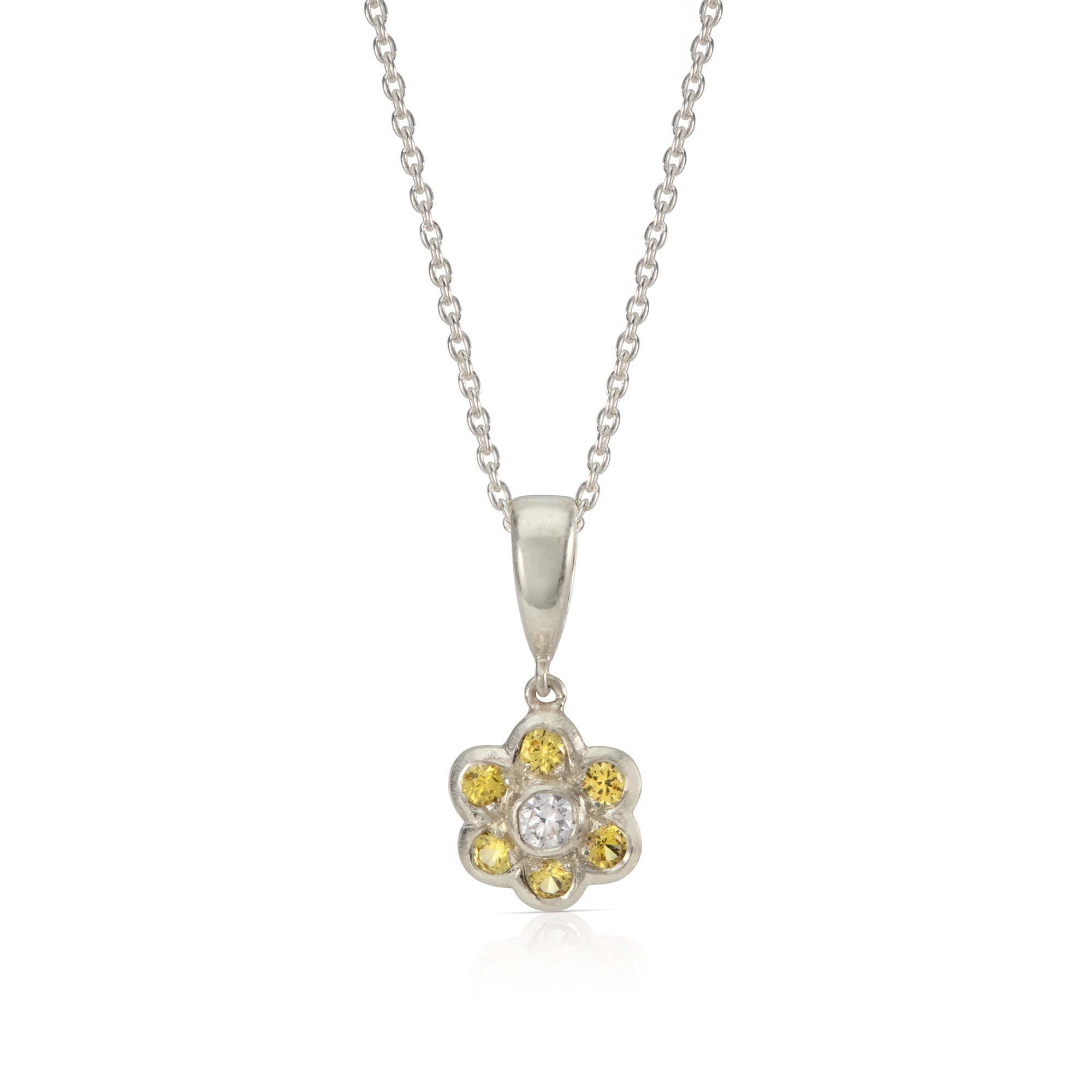 Yellow Sapphire and Diamond Daisy Pendant in White Gold