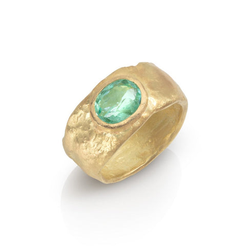 Hammered Texture 18ct Yellow  Gold Ring with Paraiba Tourmaline