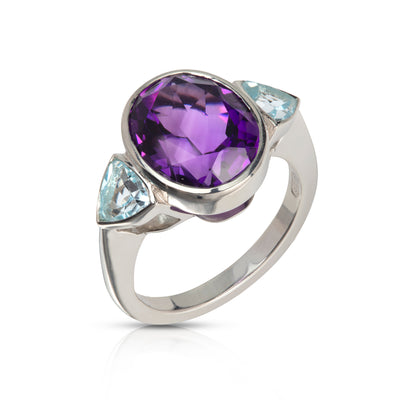 Silver Three Stone Ring with Amethyst and Topaz