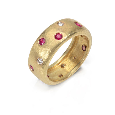 Ruby and Diamond Scatter Ring with Beaten Finish