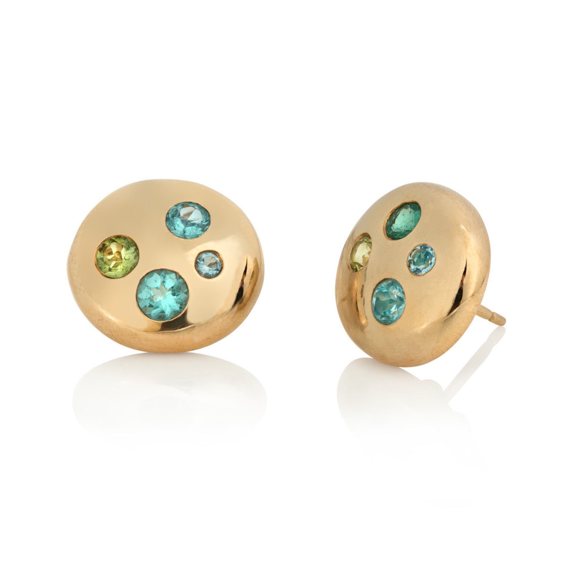 Gold Frisbee Earrings with Aquamarine and Peridot