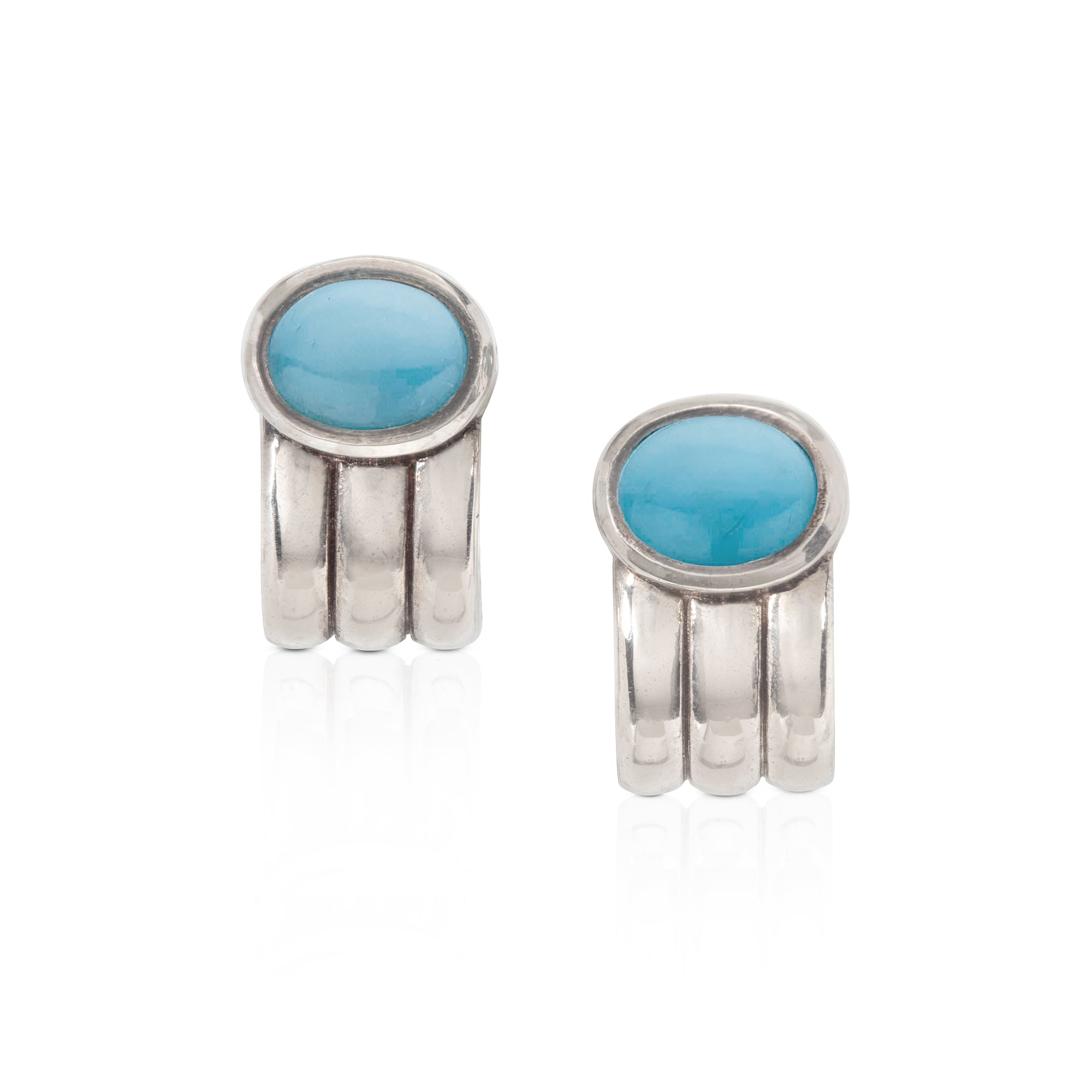 Ridged Silver Half Hoop Earrings with Turquoise