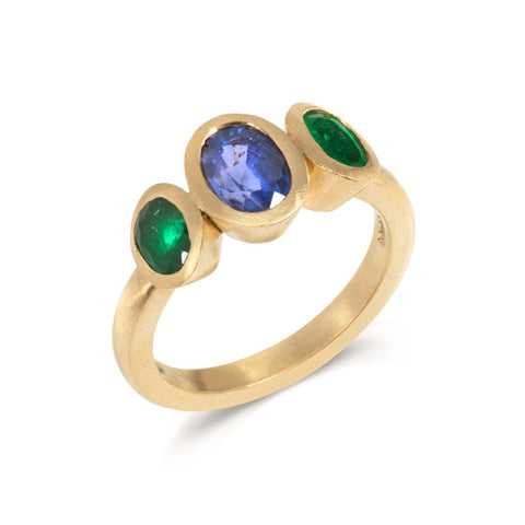 Geometric Sapphire and Emerald Three-Stone Ring