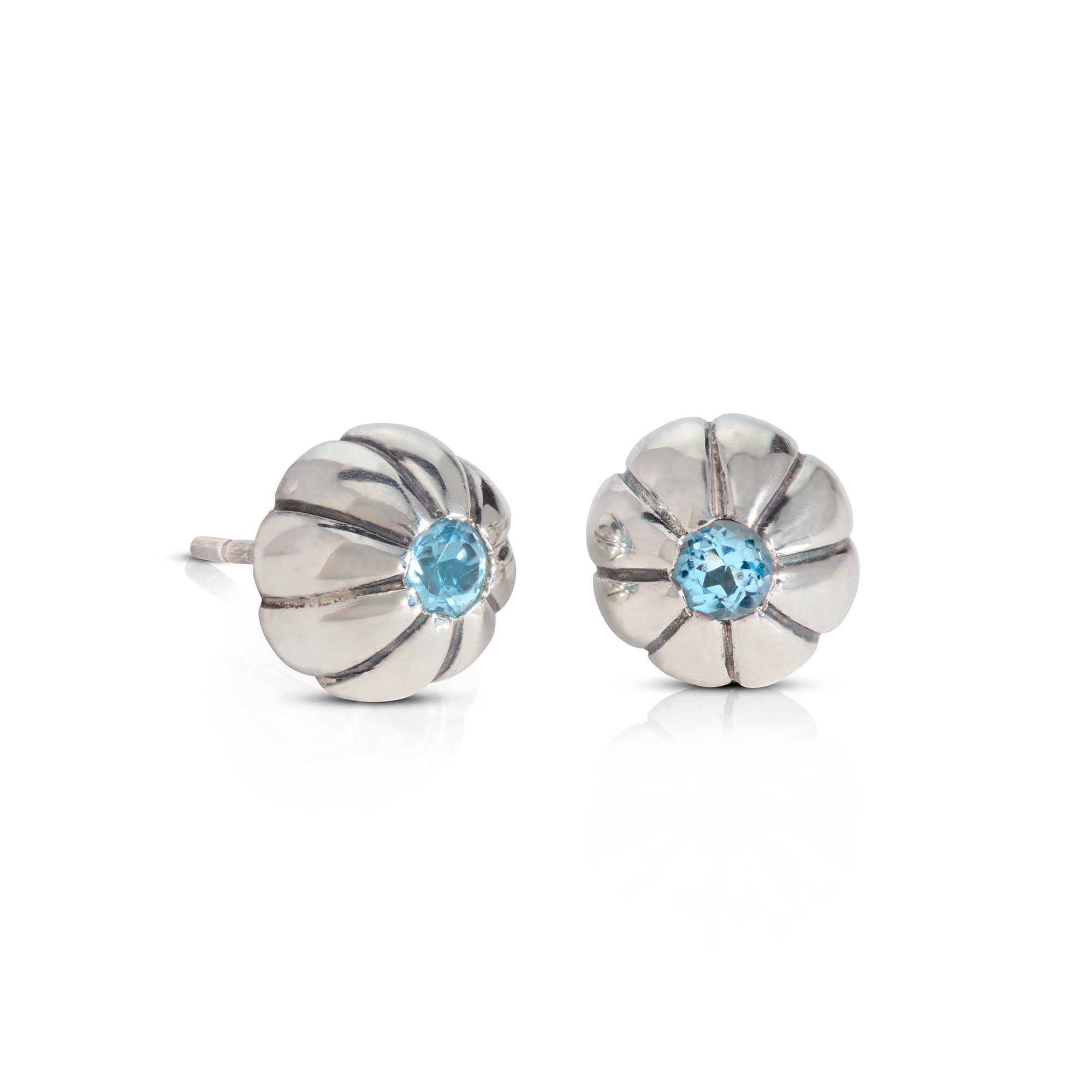 Silver Fluted Ball Studs with Blue Topaz