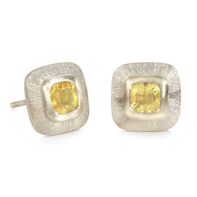 9ct White Gold Engraved Edge Square Stud Earrings with Yellow Sapphires