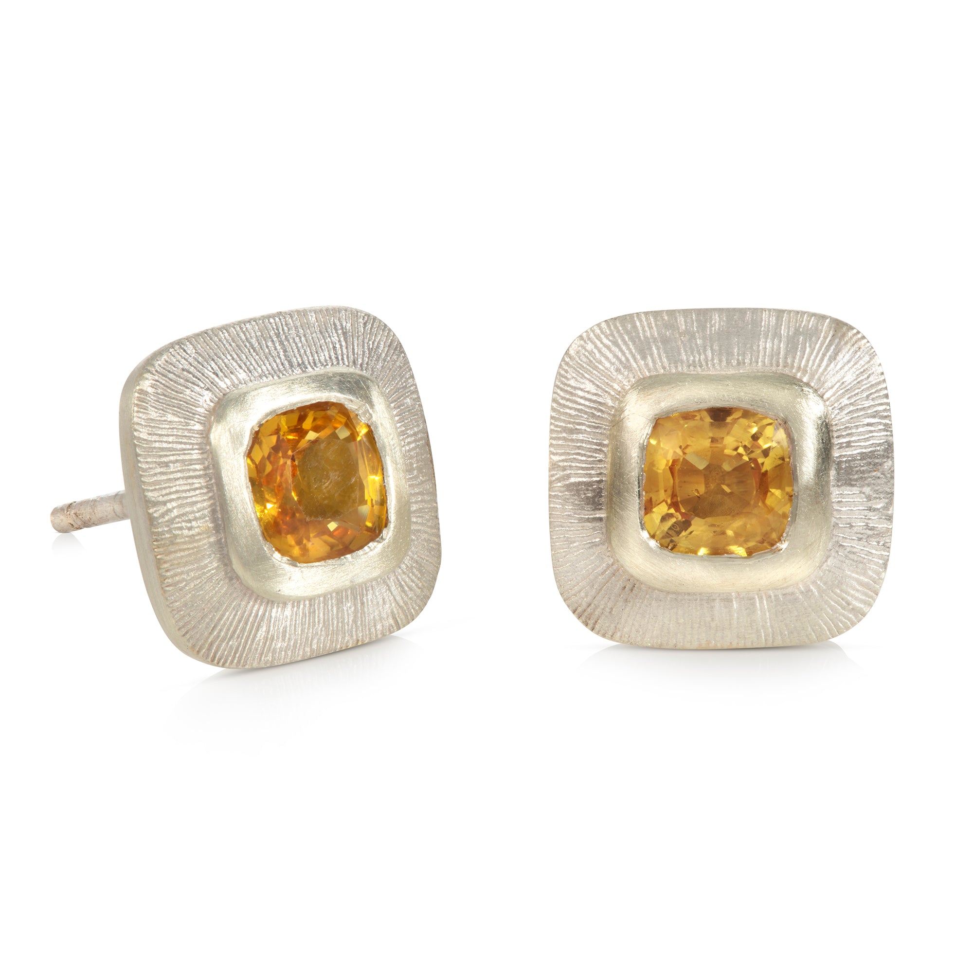Engraved Edge Yellow Sapphire Square Stud Earrings in White Gold