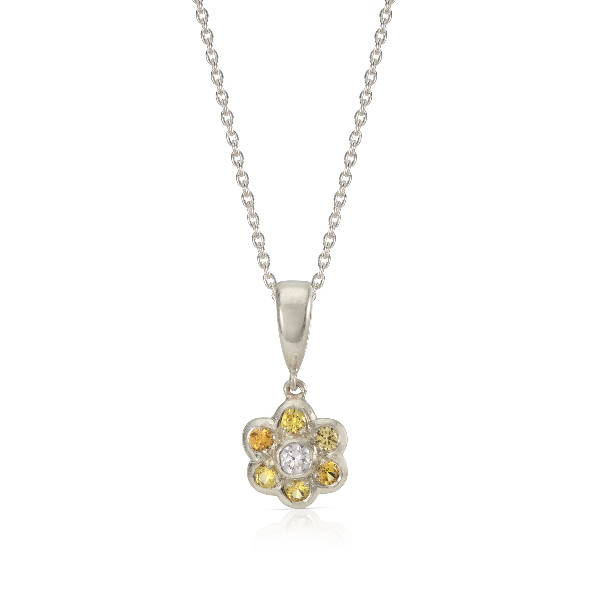 Yellow Sapphire and Diamond Daisy Pendant in White Gold