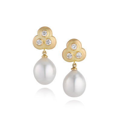 Diamond Trefoil and Pearl Drop Earrings